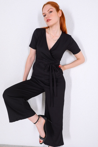 Cappmoda - ELB-01677 Siyah Kruvaze Yaka Kuşaklı Tulum Elbise (1)