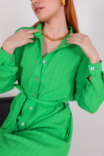 Cappmoda - ELB-01680 Yeşil Düğme Detaylı Hakim Yaka Kuşaklı Uzun Elbise (1)