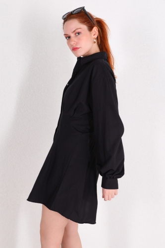 ELB-01681 Siyah Bel Lastikli Gömlek Elbise - Thumbnail