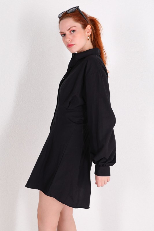 ELB-01681 Siyah Bel Lastikli Gömlek Elbise