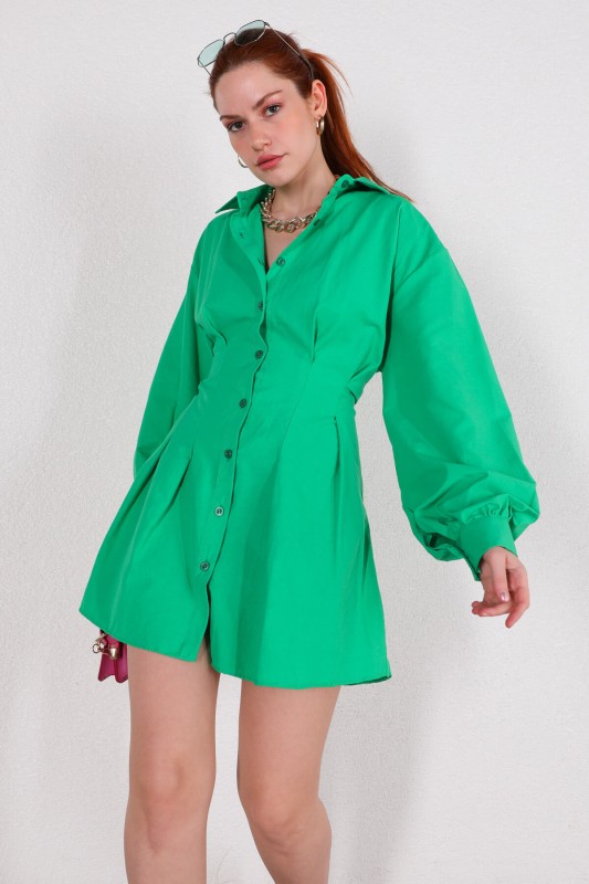 ELB-01681 Yeşil Bel Lastikli Gömlek Elbise