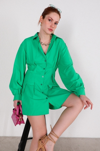 ELB-01681 Yeşil Bel Lastikli Gömlek Elbise - Thumbnail