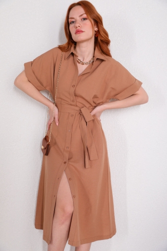 Cappmoda - ELB-01683 Vizon Kuşaklı Yırtmaç Detaylı Gömlek Elbise (1)