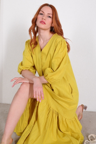 Cappmoda - ELB-01684 Sarı Lastik Kollu Yırtmaçlı Uzun Gömlek Elbise (1)