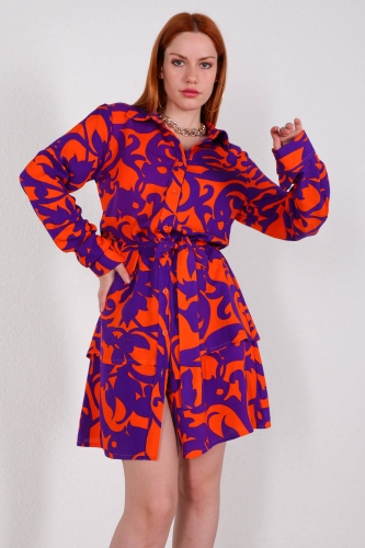 Cappmoda - ELB-01685 Mor Turuncu Desenli Kuşak Detaylı Gömlek Elbise (1)