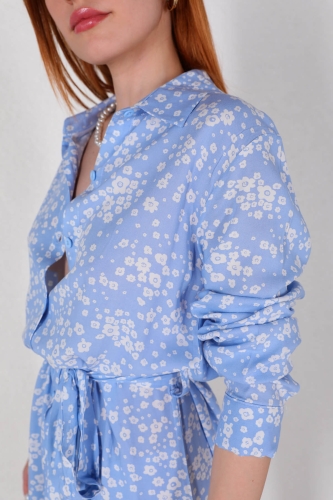 ELB-01687 Bebe Mavisi Çiçek Desenli Kuşaklı Pileli Midiboy Gömlek Elbise - Thumbnail