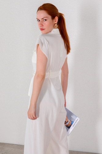 ELB-01696 Beyaz Kuşaklı Cep Detaylı Tulum Elbise - Thumbnail