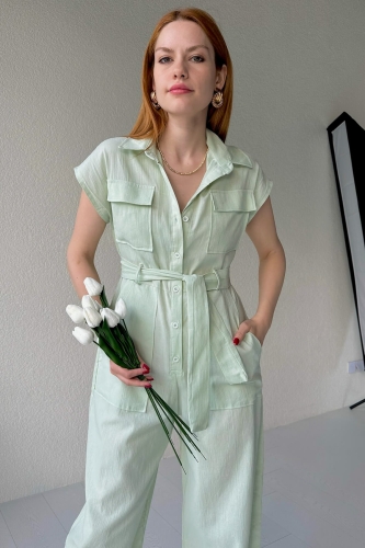 Cappmoda - ELB-01696 Mint Yeşili Kuşaklı Cep Detaylı Tulum Elbise (1)