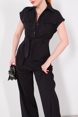 Cappmoda - ELB-01696 Siyah Cepli Kuşaklı Gömlek Yaka Tulum Elbise (1)