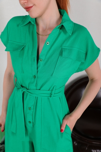 Cappmoda - ELB-01696 Yeşil Kuşaklı Cep Detaylı Tulum Elbise (1)