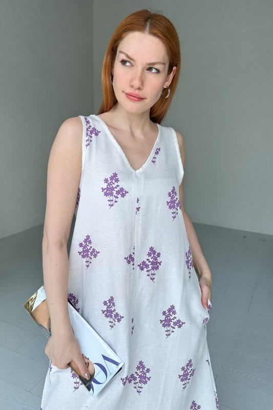 ELB-01698 Mor Yaprak Demeti Desenli Keten V Yaka Elbise - 3