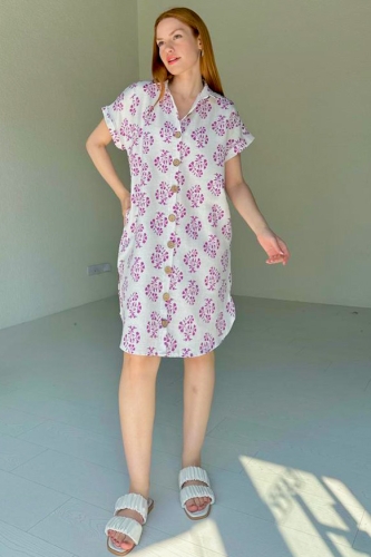Cappmoda - ELB-01699 Mor Çiçek Demeti Desenli Gömlek Elbise (1)