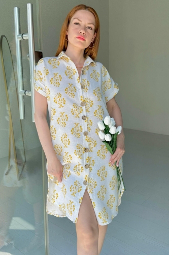 ELB-01699 Sarı Çiçek Demeti Desenli Gömlek Elbise - Thumbnail