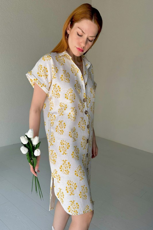 ELB-01699 Sarı Çiçek Demeti Desenli Gömlek Elbise