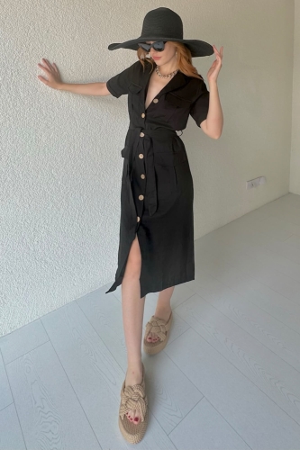 Cappmoda - ELB-01701 Siyah Kuşaklı Uzun Gömlek Elbise (1)