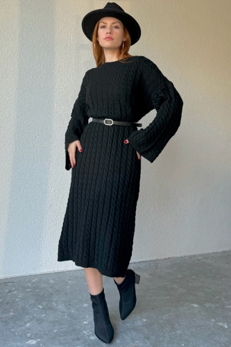 Cappmoda - ELB-01712 Siyah Saç Örgü Detaylı Salaş Uzun Günlük Triko Elbise (1)