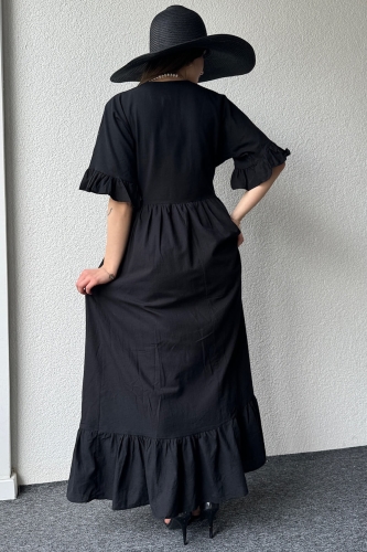 ELB-01715 Siyah V Yaka Robalı Keten Kumaş Salaş Uzun Fırfırlı Elbise - Thumbnail