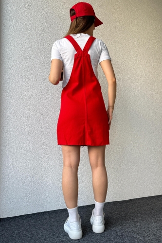 ELB-01719 Kırmızı Cepli Ayarlanabilir Askı Kot Bahçıvan Salopet Elbise - Thumbnail
