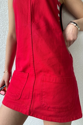 ELB-01721 Kırmızı Ön Küçük Cep Detay Kot Kumaş Salopet Elbise - Thumbnail