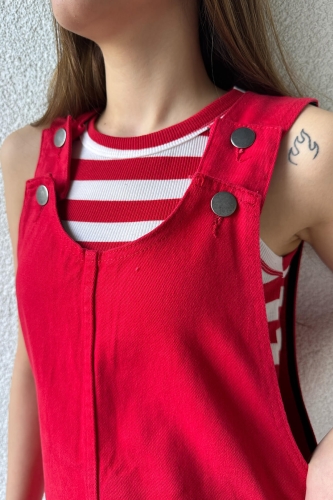 ELB-01721 Kırmızı Ön Küçük Cep Detay Kot Kumaş Salopet Elbise - Thumbnail
