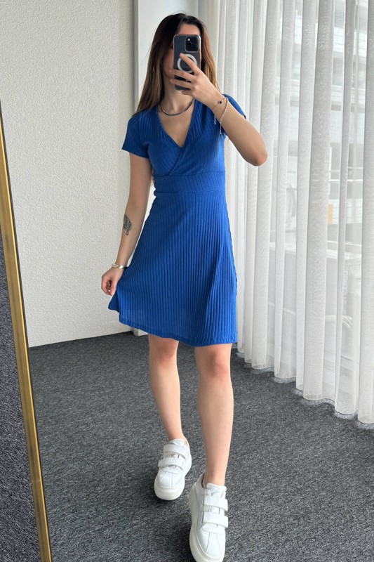 ELB-01722 Mavi V Yaka Kaşkorse Salaş Elbise