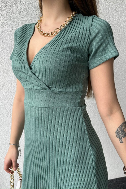 ELB-01722 Mint Yeşili V Yaka Kaşkorse Salaş Elbise - 8