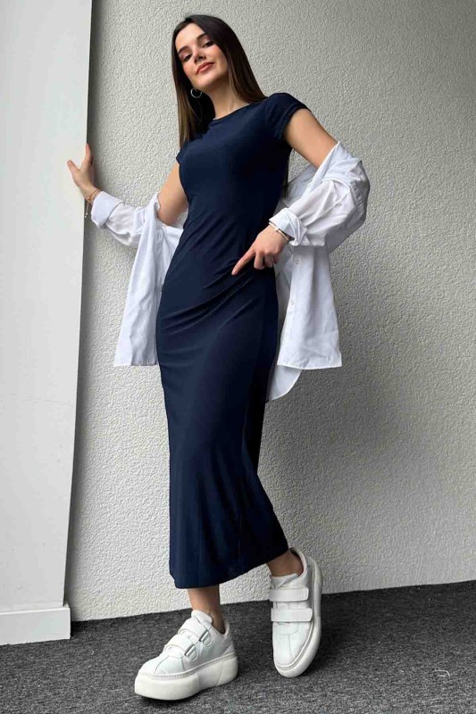 ELB-01723 Lacivert Modal Kumaş Elbise - 4