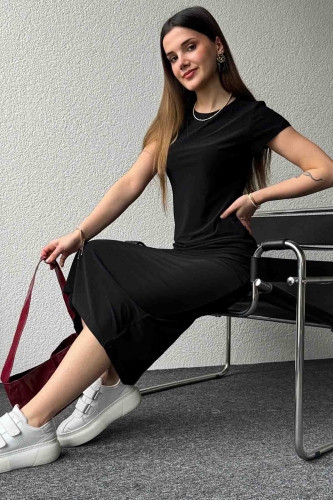 ELB-01723 Siyah Modal Kumaş Elbise - Thumbnail