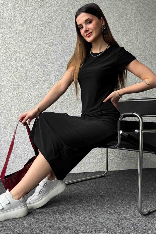 ELB-01723 Siyah Modal Kumaş Elbise