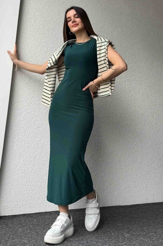 ELB-01723 Zümrüt Yeşili Modal Kumaş Elbise - Thumbnail
