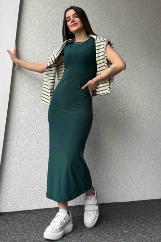 ELB-01723 Zümrüt Yeşili Modal Kumaş Elbise - 1