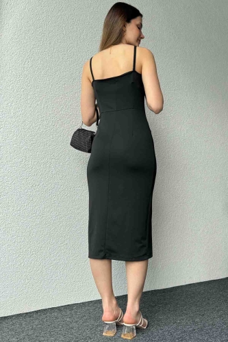 ELB-01724 Siyah Askılı Çapraz Yaka Yırtmaçlı Midi Boy Elbise - 5
