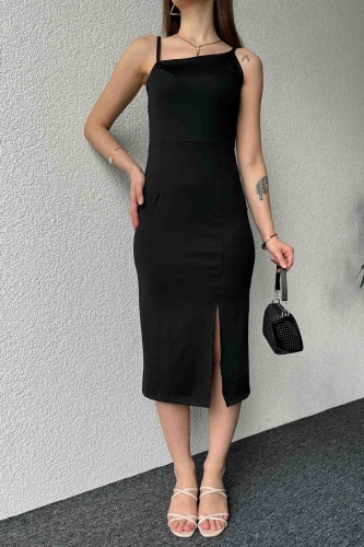 ELB-01724 Siyah Askılı Çapraz Yaka Yırtmaçlı Midi Boy Elbise - 3