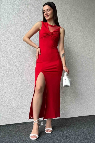 ELB-01727 Kırmızı Ön Büzgülü Ve Tül Detay Midi Boy Yırtmaçlı Elbise 