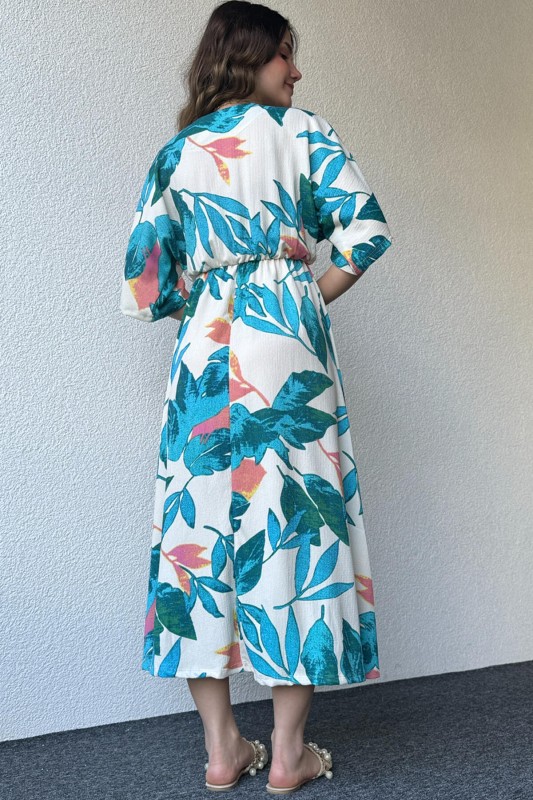 ELB-01729 Yeşil Soft Desenli Kruvaze Yaka Bel Lastikli Salaş Elbise - 4