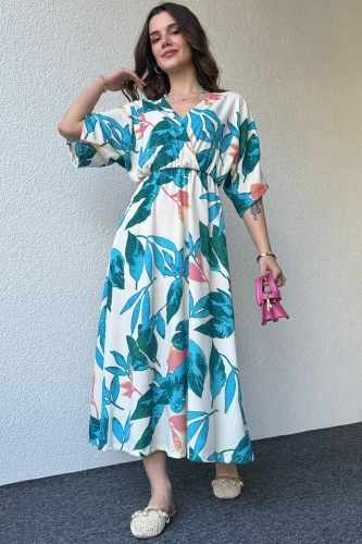 ELB-01729 Yeşil Soft Desenli Kruvaze Yaka Bel Lastikli Salaş Elbise - 1