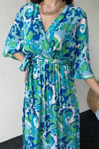Cappmoda - ELB-01730 Mavi Yeşil Desenli Kruvaze Yaka Çift Yırtmaçlı Bel Lastikli Salaş Elbise (1)