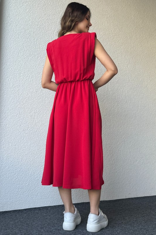 ELB-01731 Kırmızı Vatkalı Cep Detaylı Bel Lastik Salaş Günlük Elbise