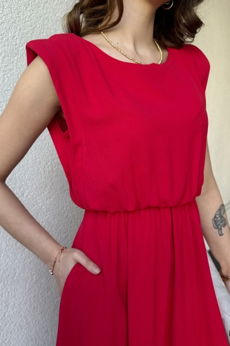 Cappmoda - ELB-01731 Kırmızı Vatkalı Cep Detaylı Bel Lastik Salaş Günlük Elbise (1)