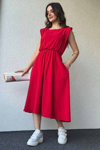 ELB-01731 Kırmızı Vatkalı Cep Detaylı Bel Lastik Salaş Günlük Elbise - Thumbnail
