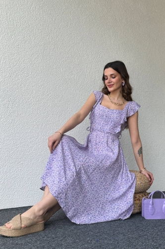 ELB-01735 Lila Çiçek Desenli Bel Lastikli Bağlamalı Fırfır Kol Detay Uzun Salaş Elbise 