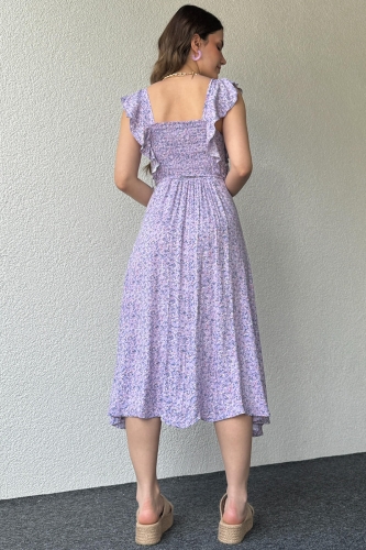 ELB-01735 Lila Çiçek Desenli Bel Lastikli Bağlamalı Fırfır Kol Detay Uzun Salaş Elbise - 5