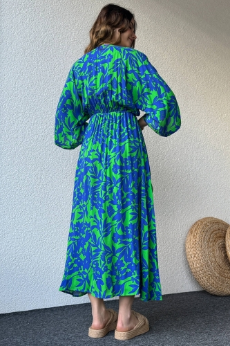 ELB-01737 Yeşil Mavi Desenli Kruvaze Yaka Salaş Elbise - Thumbnail