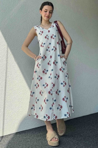 ELB-01740 Krem Mavi Çiçekli Keten Kumaş Arkadan Fermuarlı Salaş Elbise - 4