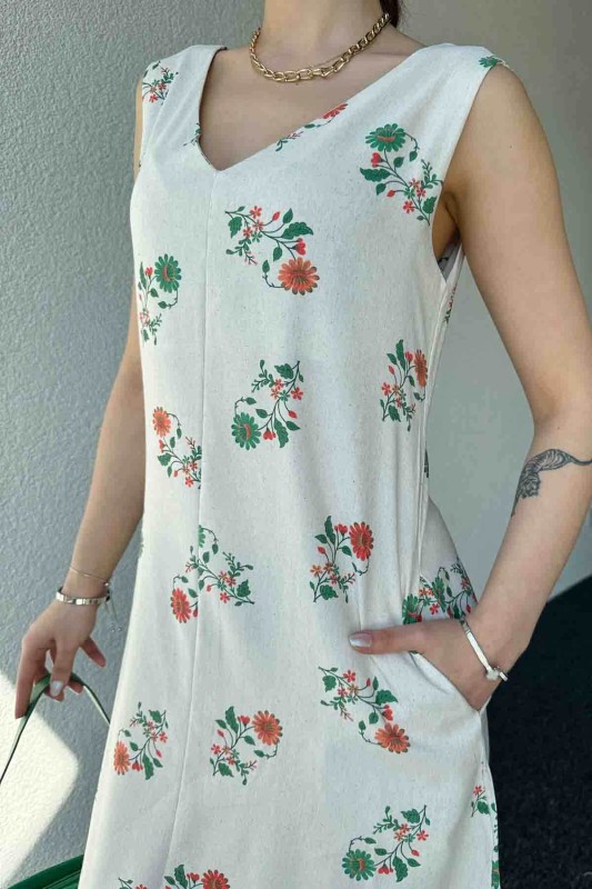 ELB-01740 Krem Yeşil Çiçekli Keten Kumaş Arkadan Fermuarlı Salaş Elbise - 2