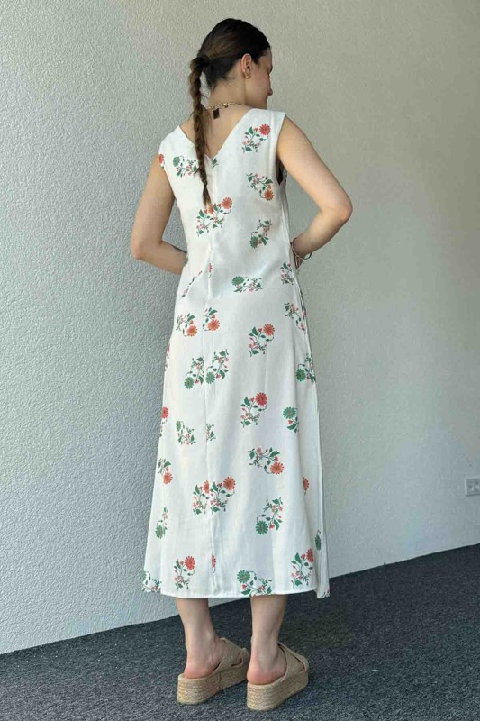 ELB-01740 Krem Yeşil Çiçekli Keten Kumaş Arkadan Fermuarlı Salaş Elbise - 6