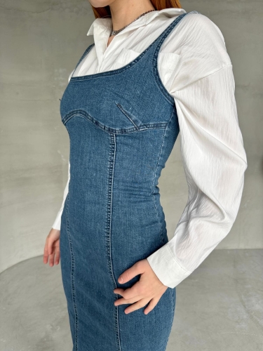 Cappmoda - ELB-01742 Açık Mavi Havuz Yaka Denim Kumaş Arka Yırtmaç Detaylı Likralı Midiboy Elbise (1)