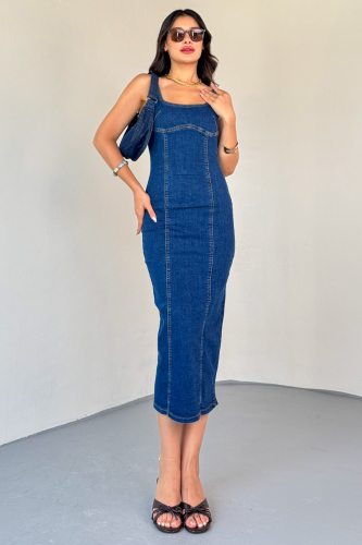 ELB-01742 Koyu Mavi Havuz Yaka Denim Kumaş Arka Yırtmaç Detaylı Likralı Midiboy Elbise - 1