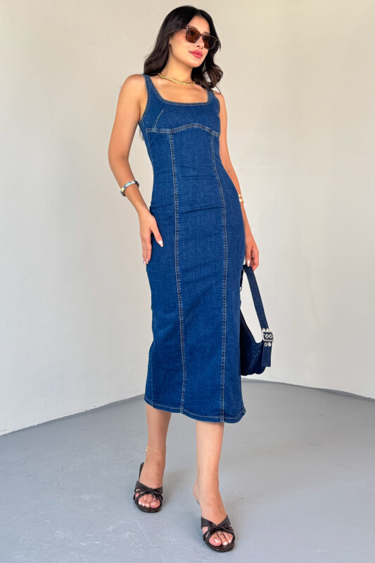 ELB-01742 Koyu Mavi Havuz Yaka Denim Kumaş Arka Yırtmaç Detaylı Likralı Midiboy Elbise - 5