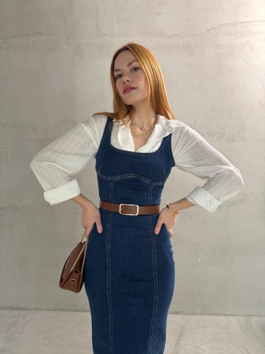 Cappmoda - ELB-01742 Koyu Mavi Havuz Yaka Denim Kumaş Arka Yırtmaç Detaylı Likralı Midiboy Elbise (1)